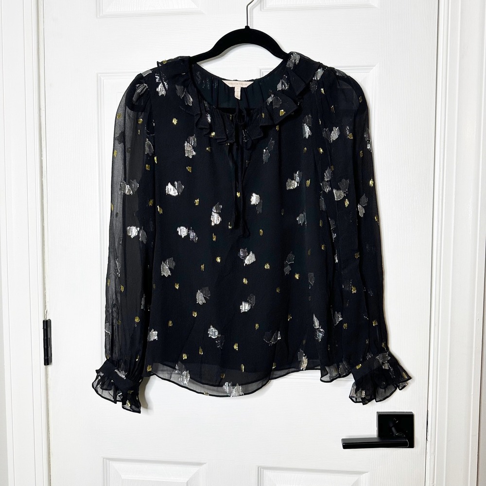 Rebecca Taylor Silk Blouse Womens 6 Black Metallic Ruffle Collar Business Casual